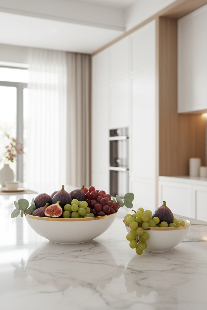 Gold-Trimmed Fruit Bowls on a marble kitchen counter with fresh figs and eucalyptus